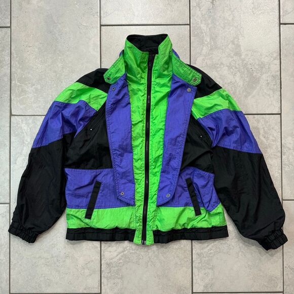 Vintage 90s Colin Retro Ski Windbreaker Full Zip Jacket Womens Size M Green Blk - Picture 2 of 9
